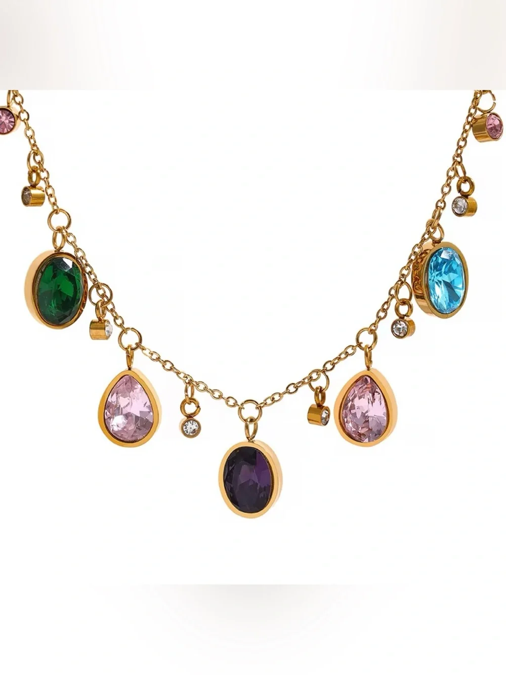 Rainbow Gemstone Charm Necklace – 18K Gold PVD Plated Stainless Steel